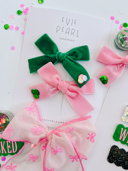 WICKED Green & Pink Sequin Sparkle Hair Bow Set