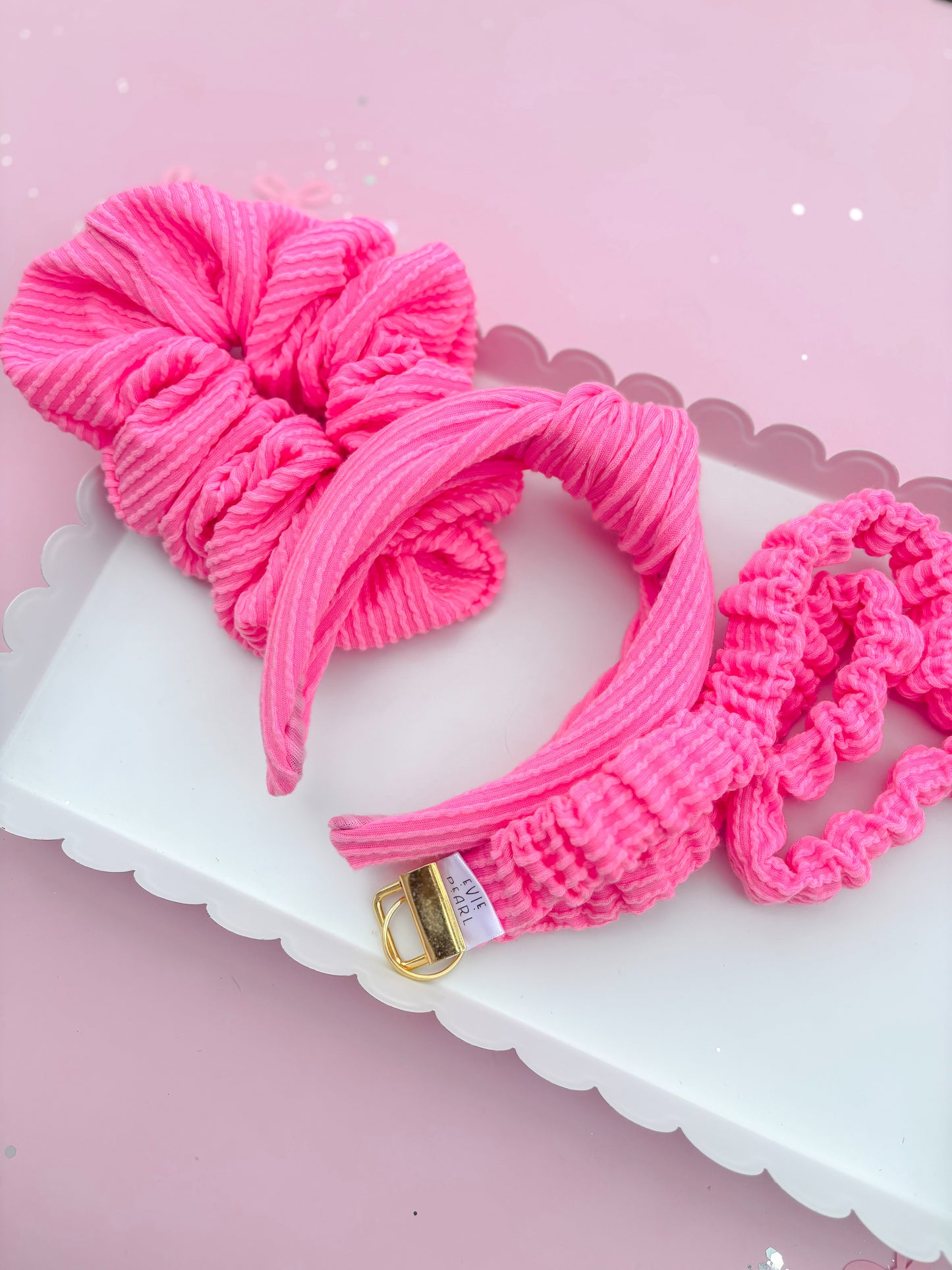 Bubblegum Pink Ribbed Teacher Gift Set- Lanyard| Knotted Headband| Scrunchie