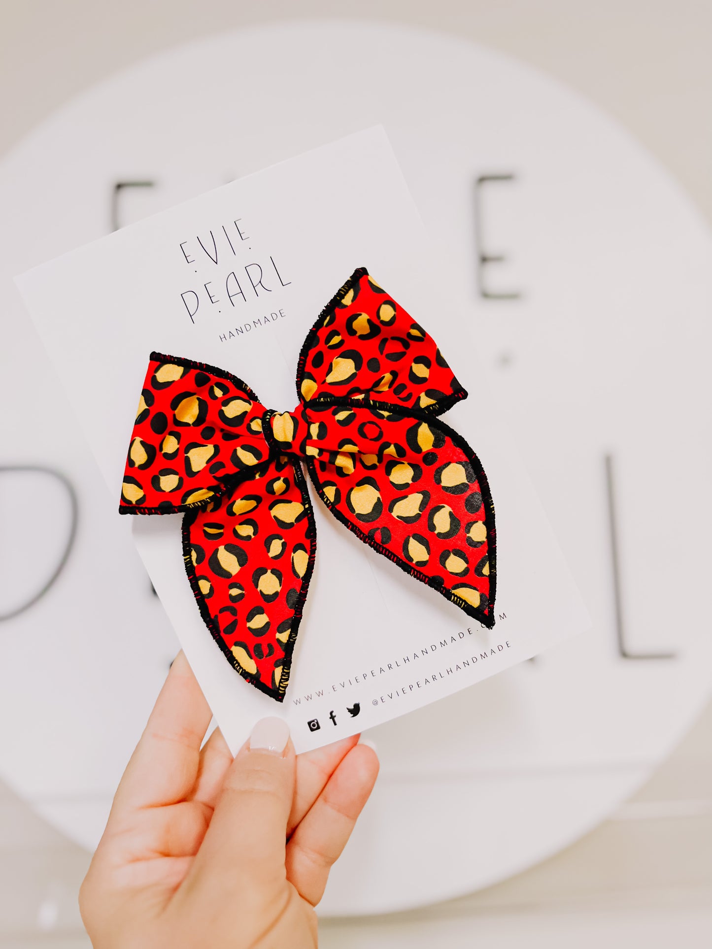 Red Leopard Black Stitching Bow