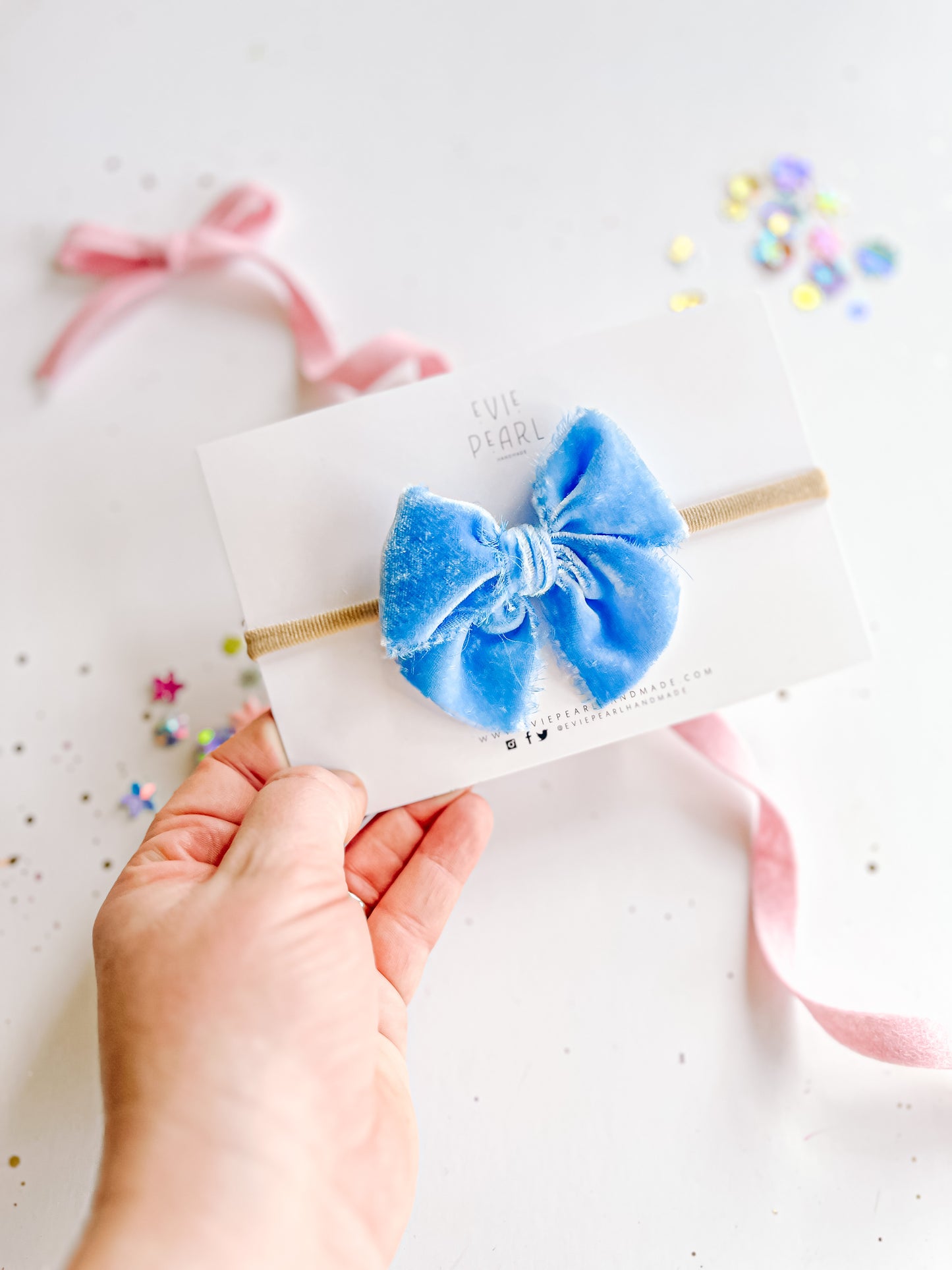 Small Blue Raw Silk Bow on nylon headband