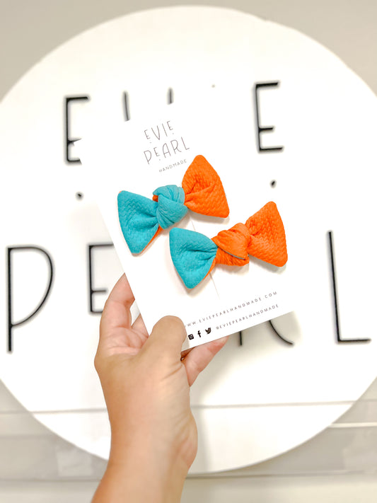 Teal Orange Color-block Knot Bow Pigtail Set