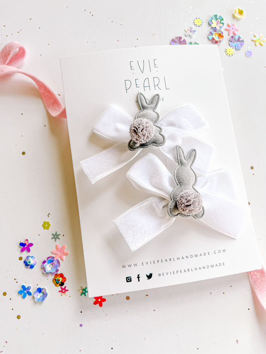 Gray Bunny White Velvet Pigtail Bows