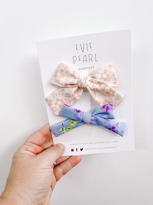 Pink Floral & Blue Purple Floral Small Bow Set