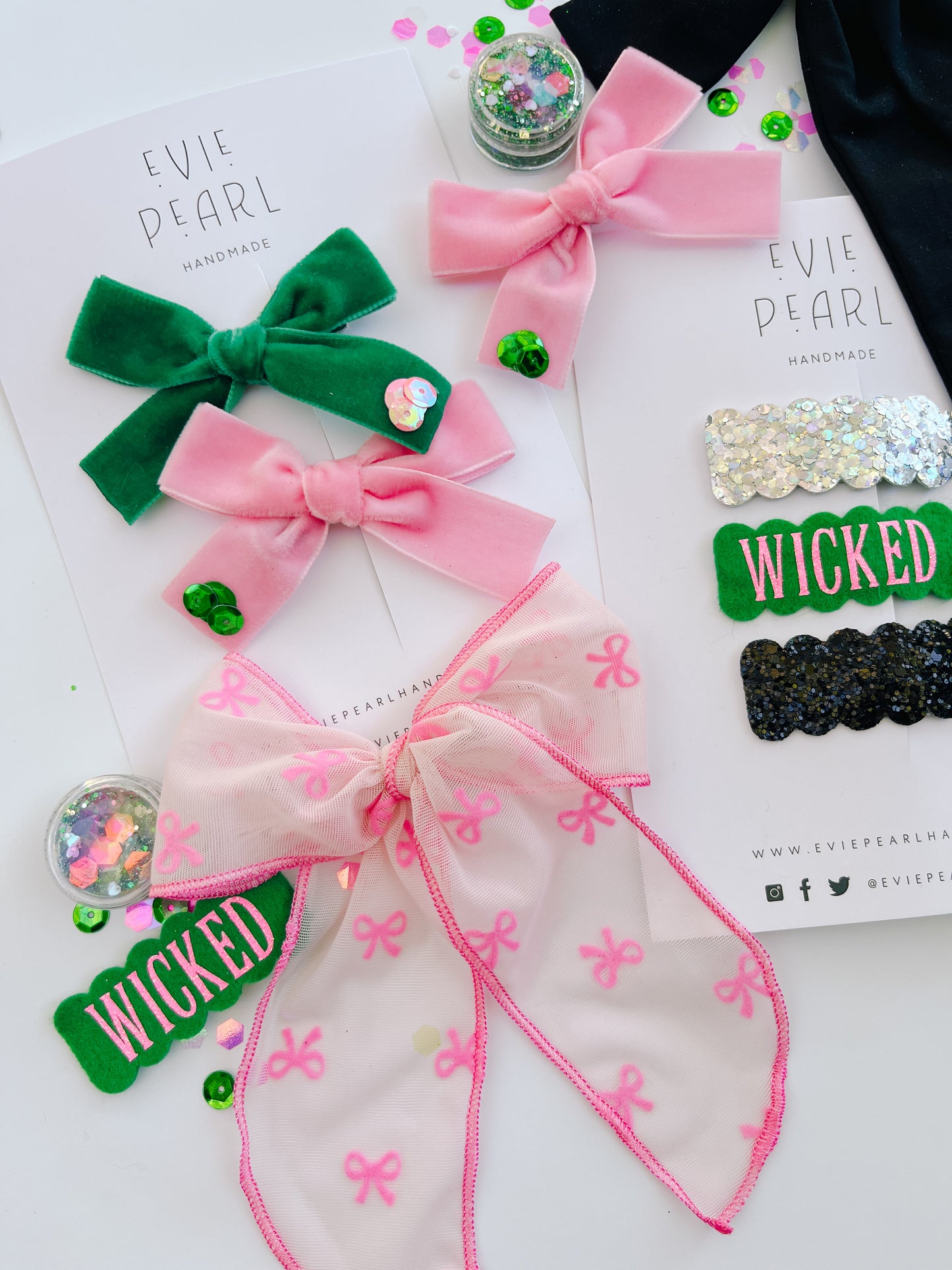 WICKED Green & Pink Sequin Sparkle Hair Bow Set