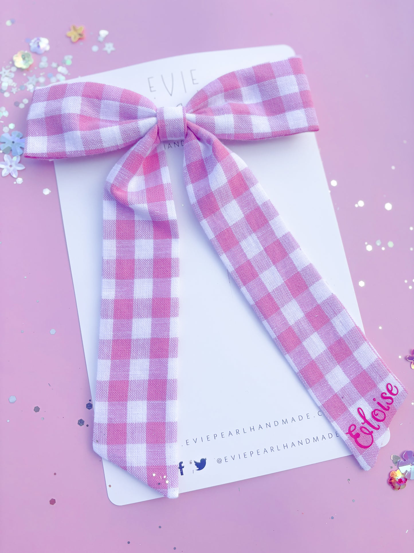 Personalized Pink Gingham Long Tailed Bow