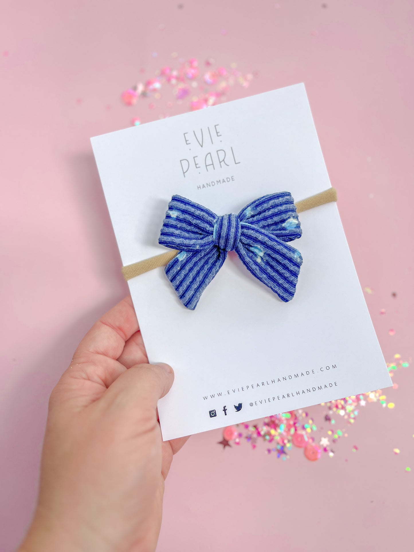 Small Navy Ribbed Floral Bow On Nylon Headband