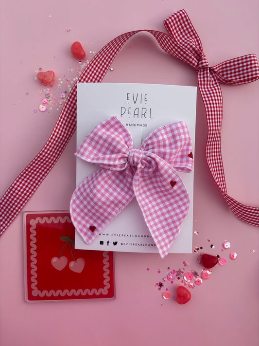Pink Gingham Red Heart Bow