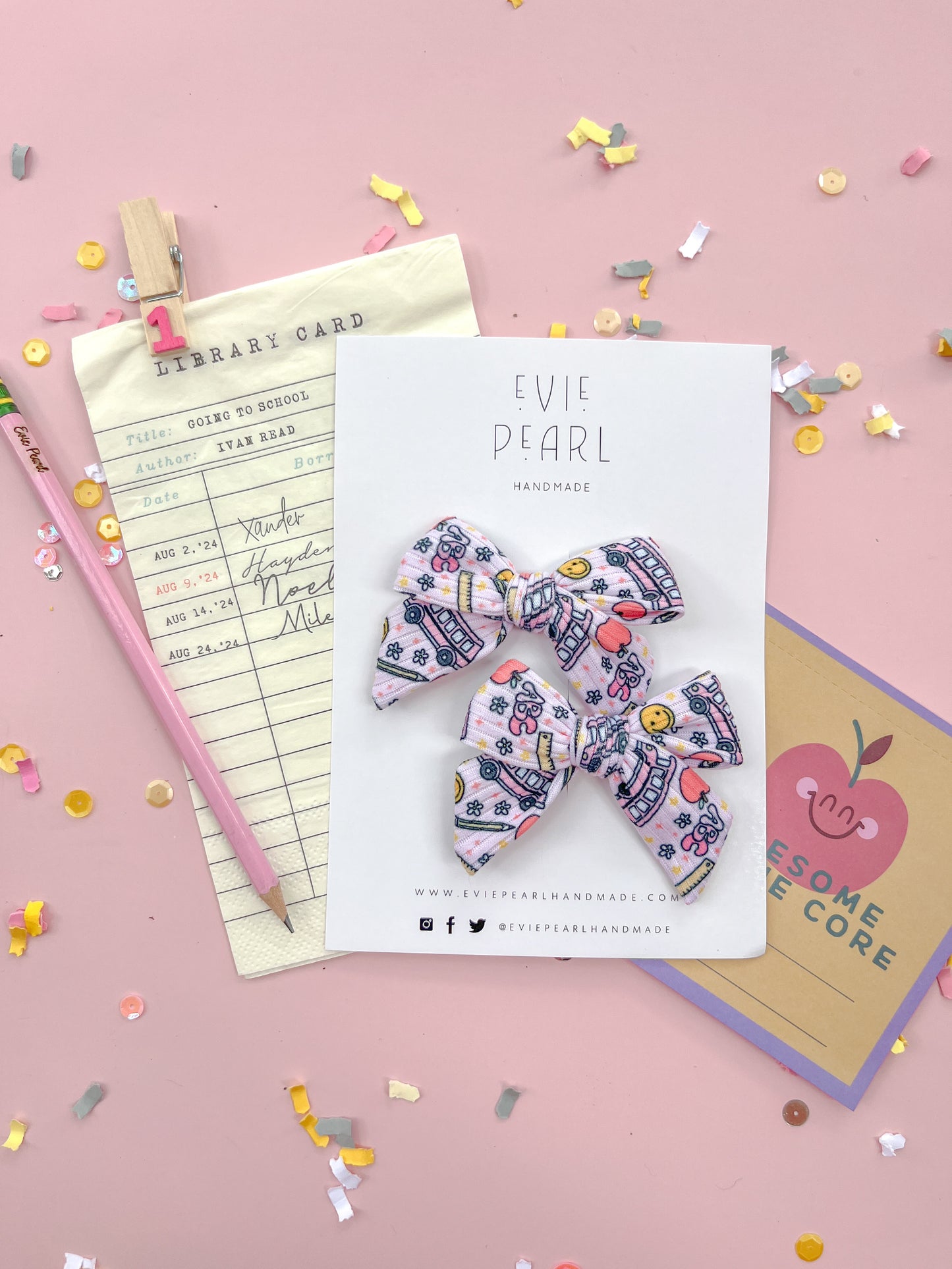 Pink School Bus Small Pinwheel Pigtail Bows