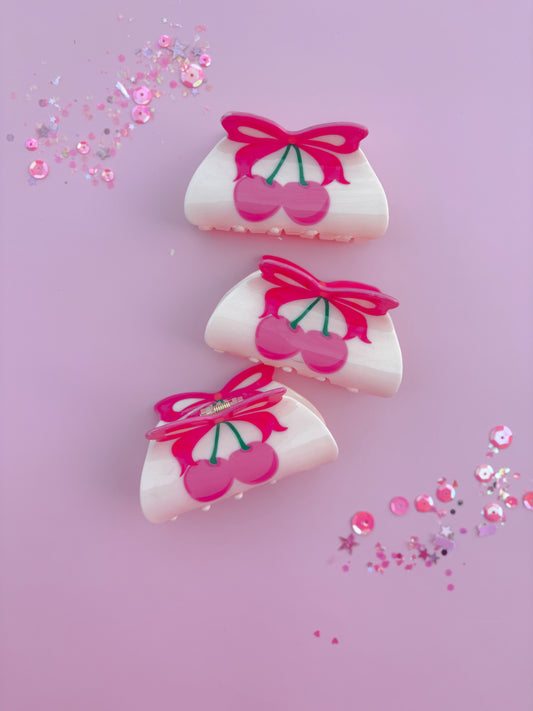 Pink Cherry Bow Medium Claw Clip