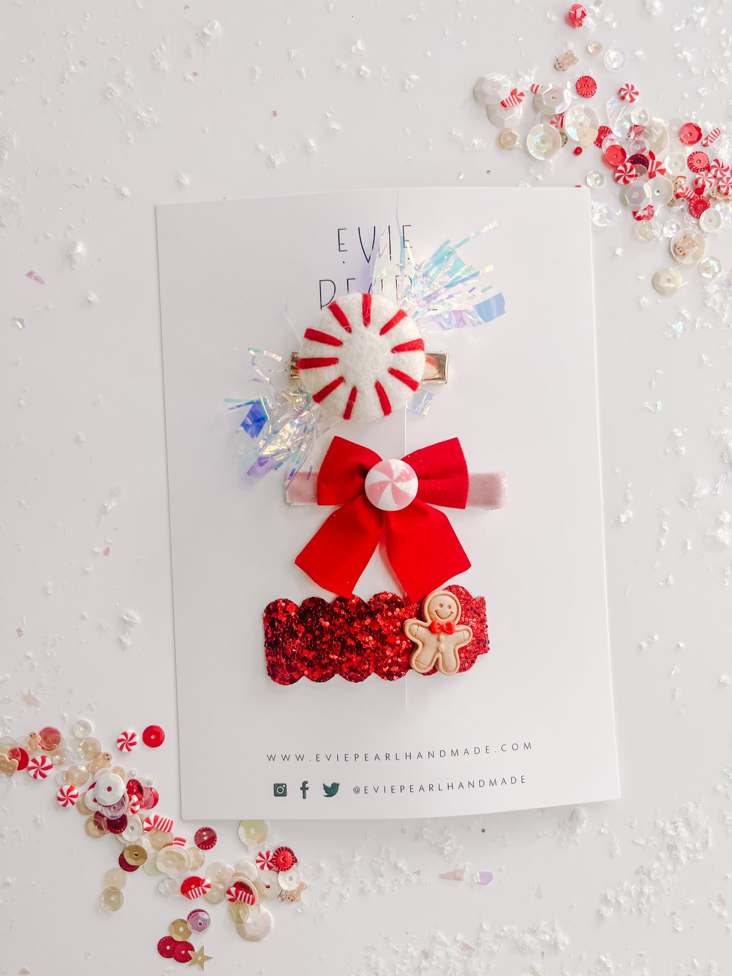 Red Peppermint, Red Bow, Red Glitter Gingerbread Man Hair Clip Set