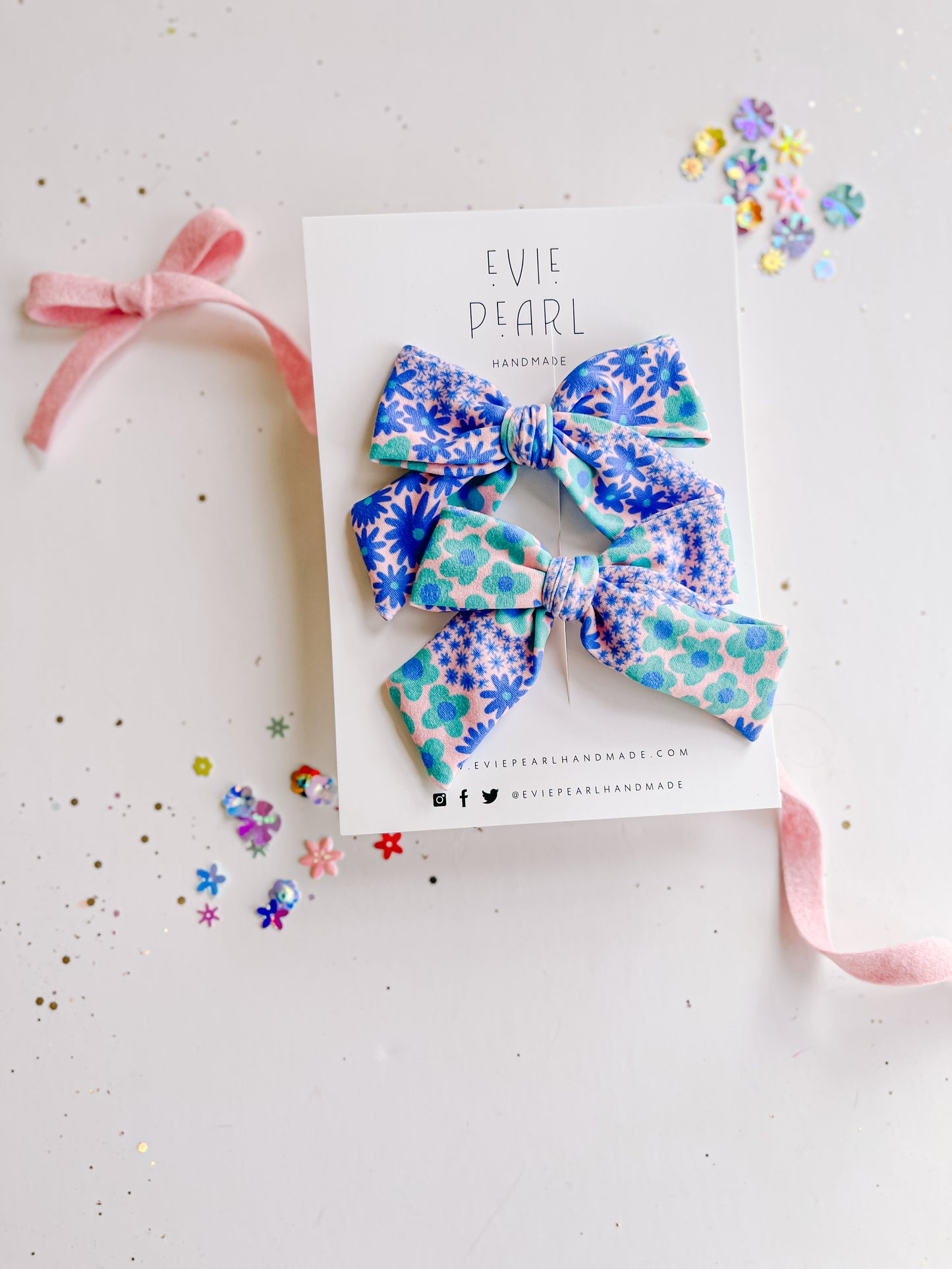 Blue Green Floral Medium Pinwheel Pigtail Set