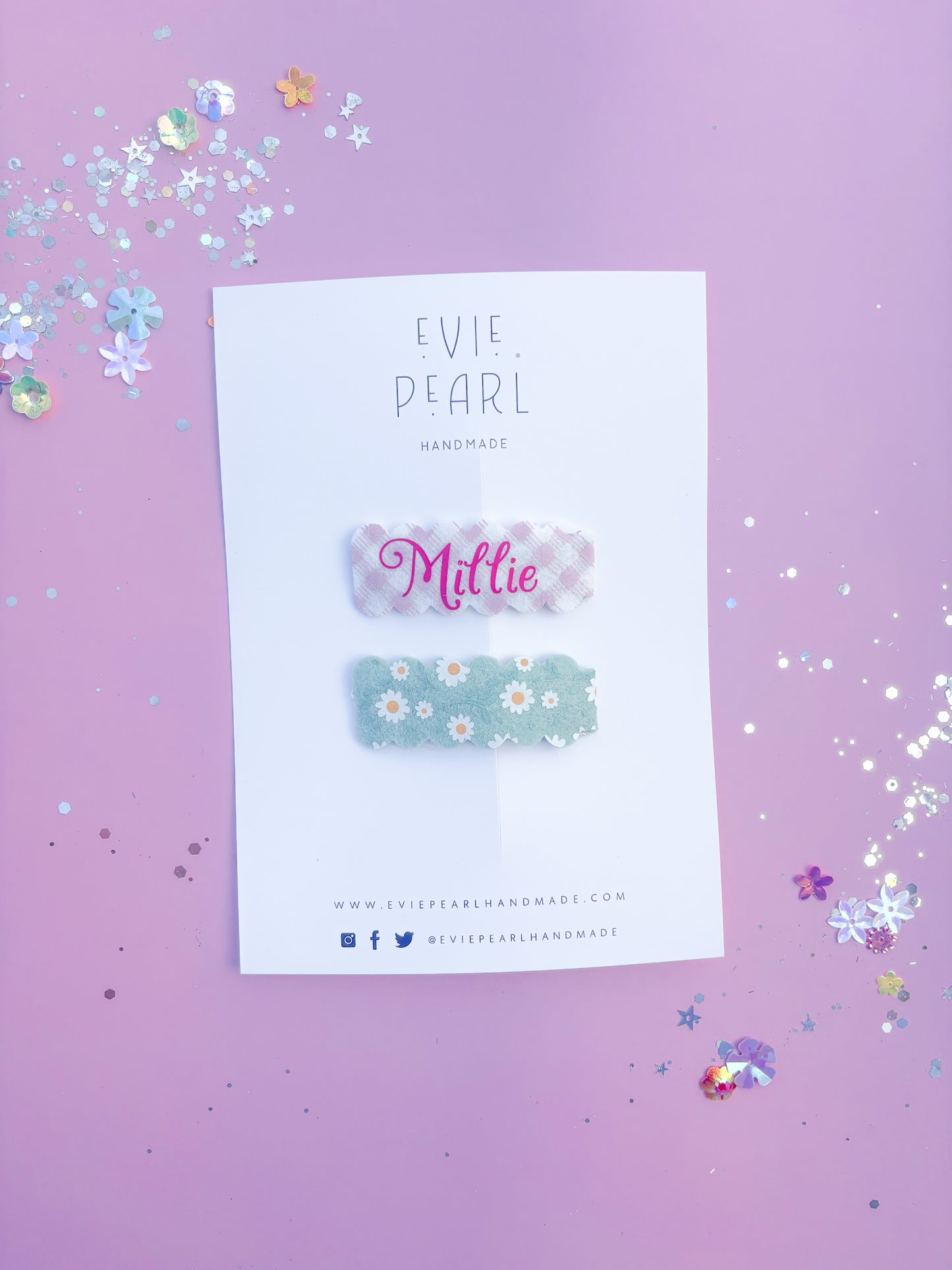 Personalized Pink Gingham & Sage Daisy Clip Set