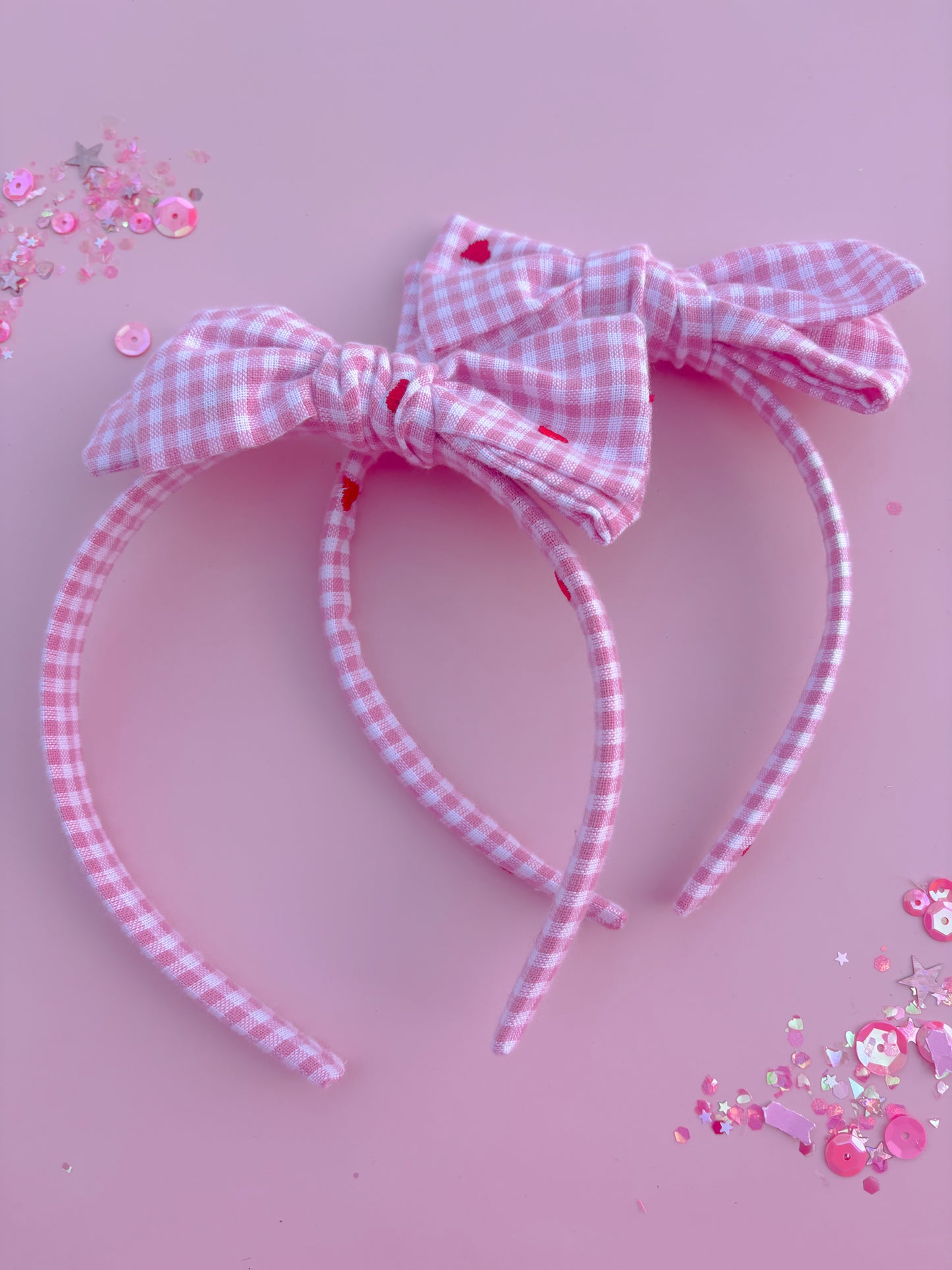 Pink Gingham Red Heart Bow Headband