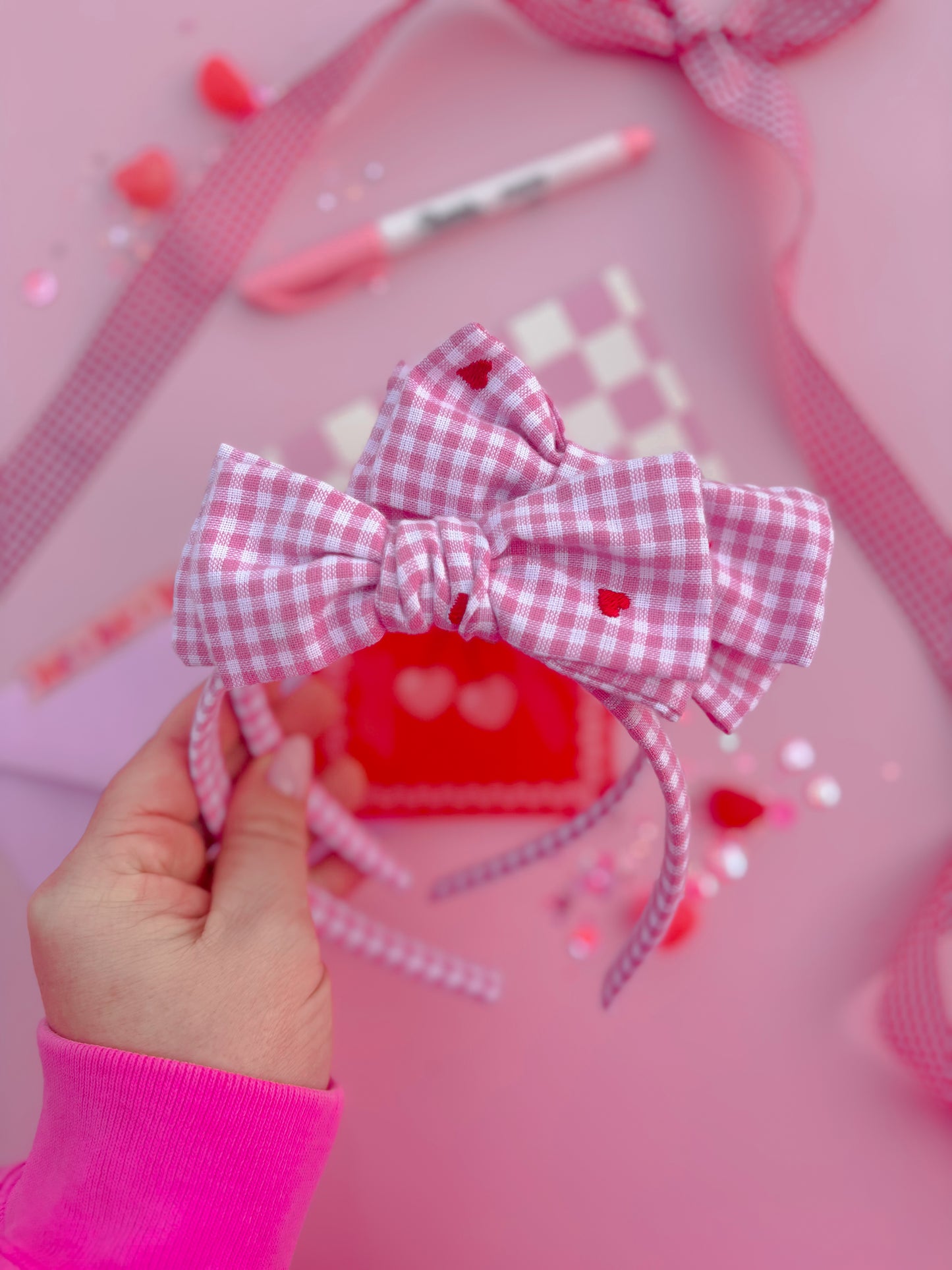 Pink Gingham Red Heart Bow Headband