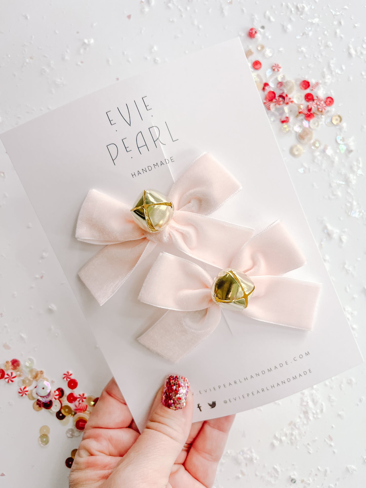 Light Pink Velvet Jingle Bell Small Bow Pigtail Set
