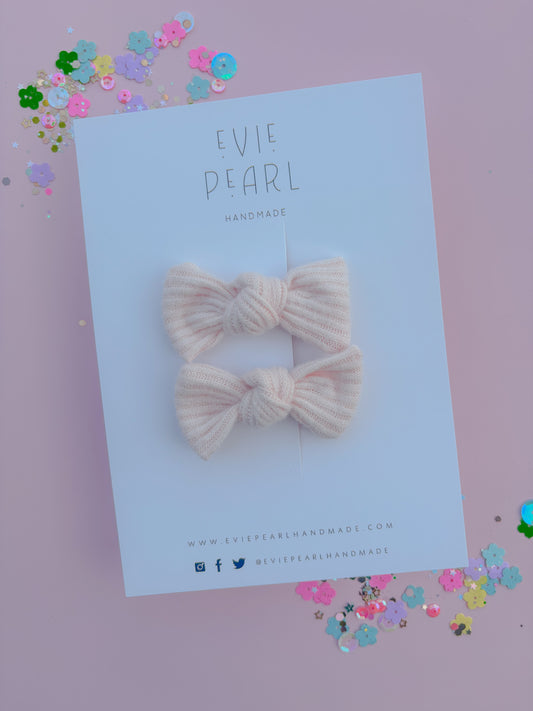 Mini Light Pink Soft Ribbed Knot Bow Pigtail Set