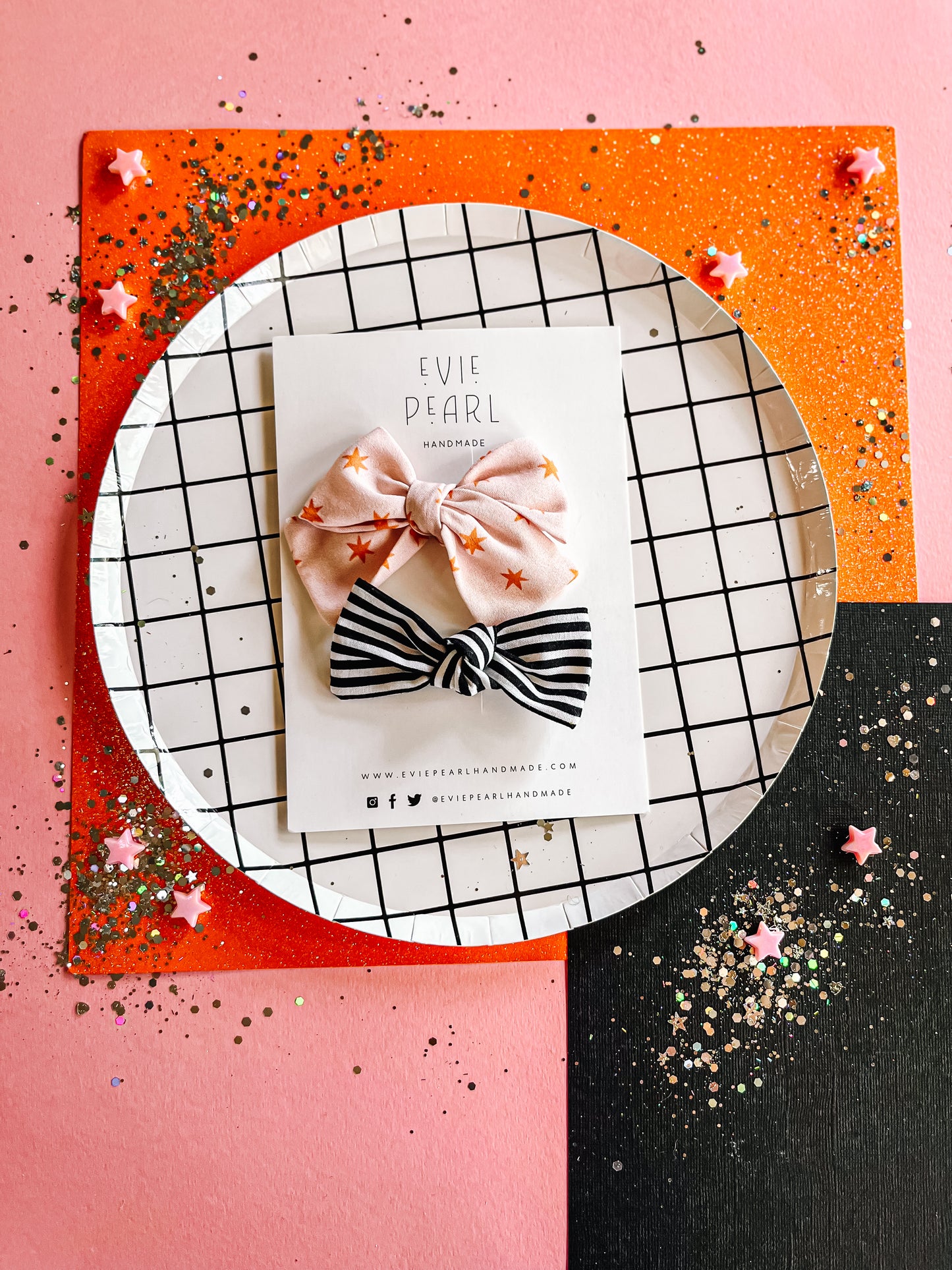 Pink| Orange Star Medium Pinwheel Bow with B&W striped knot bow set