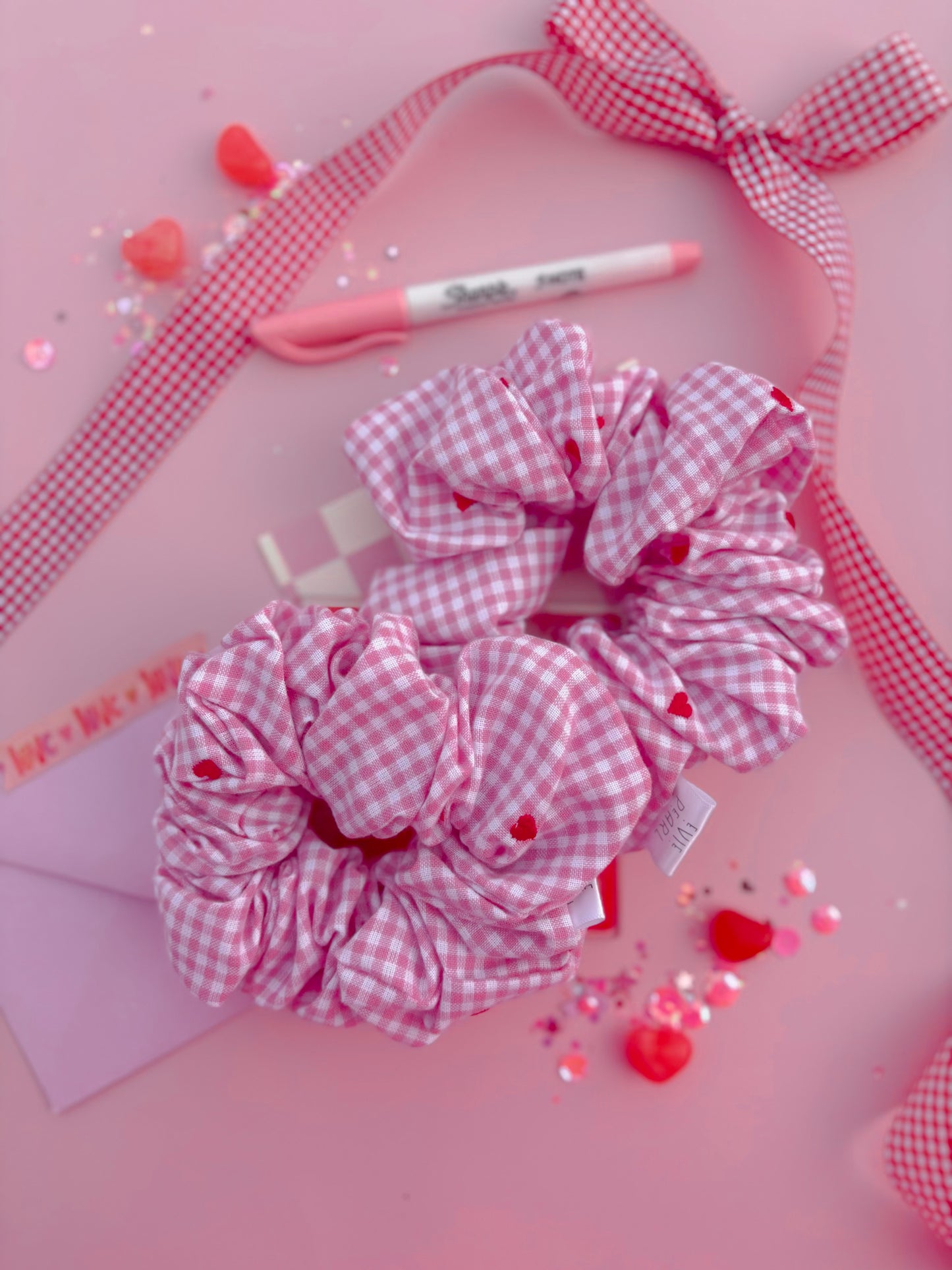 Pink Gingham Red Heart Oversized Scrunchy