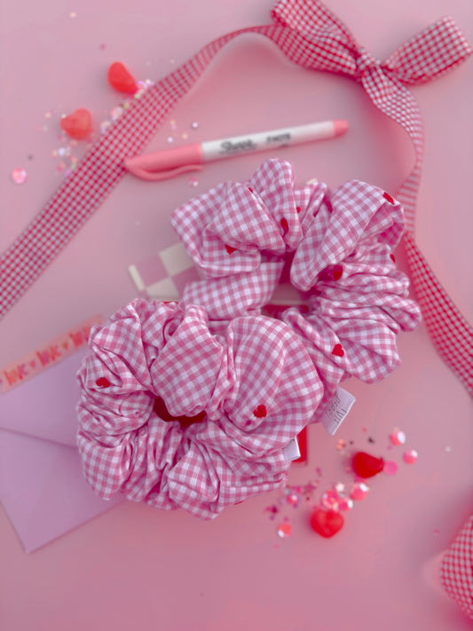 Pink Gingham Red Heart Oversized Scrunchy