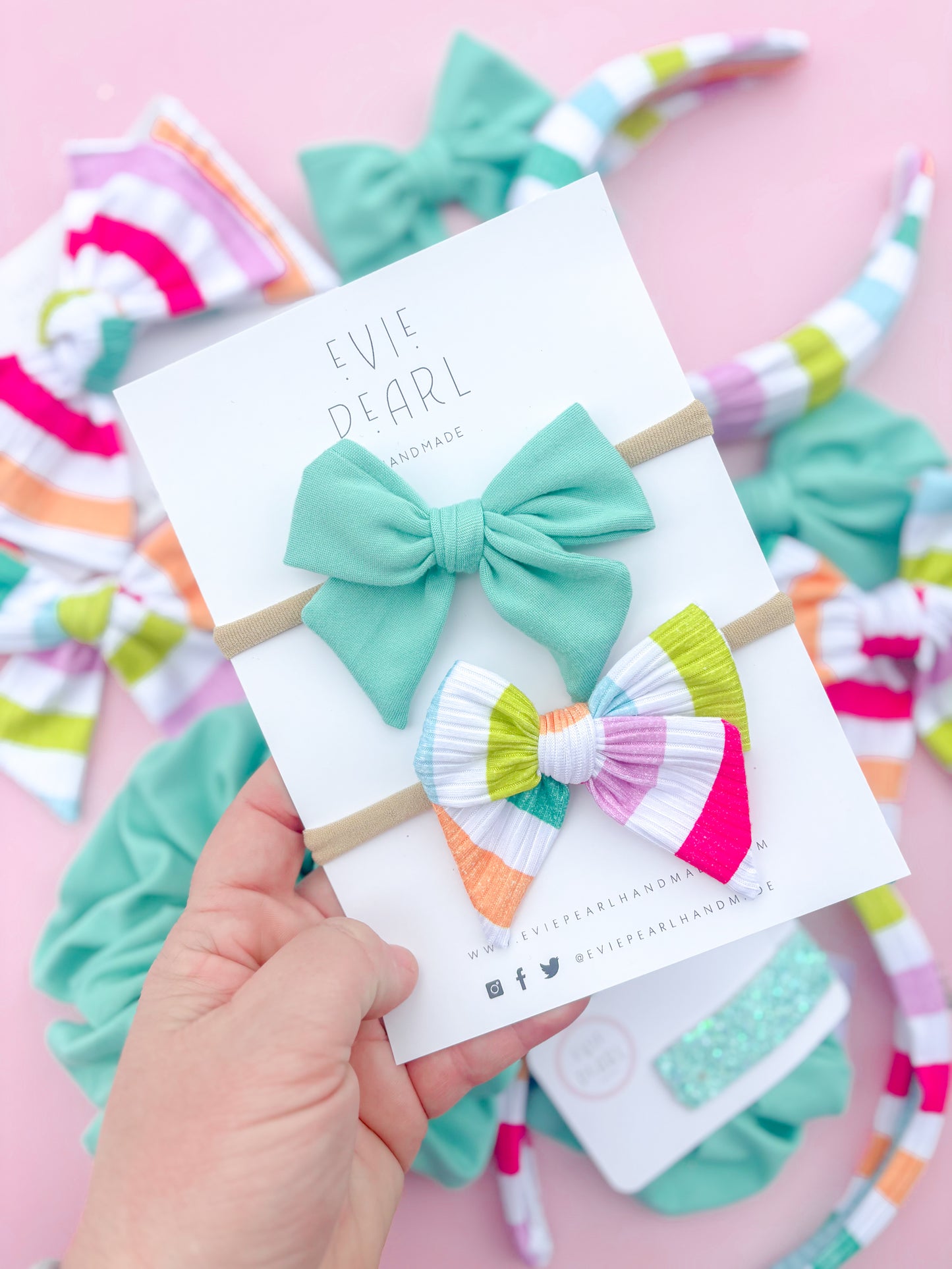 Neon Stripe & Teal Knit Bow Set