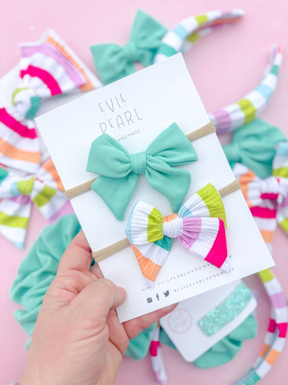 Neon Stripe & Teal Knit Bow Set