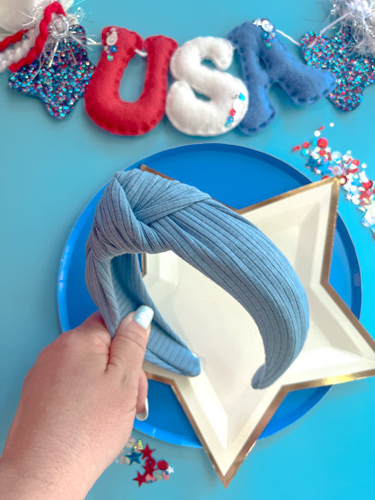Blue Denim Ribbed Knit Knotted Headband