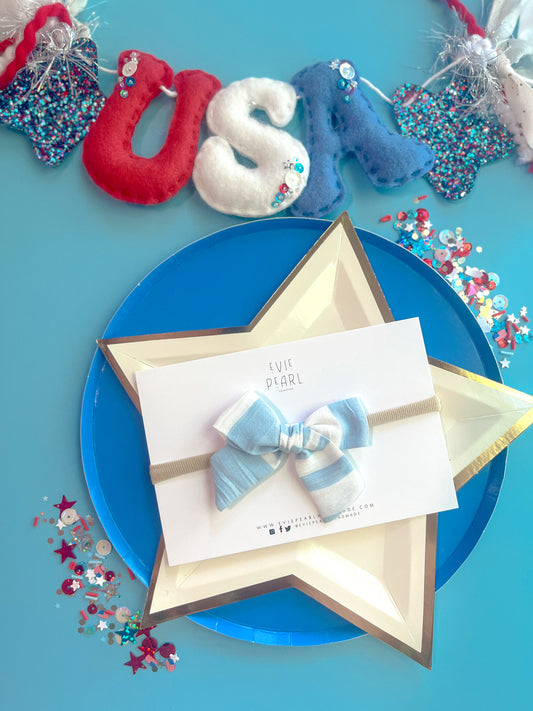Blue Striped Small Pinwheel on nylon headband
