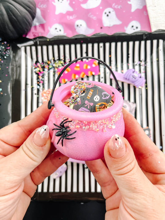 Mini Pink Spider Glitter Cauldron Filled With Snap Clips