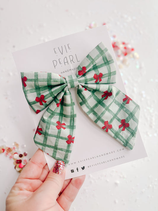 Green Plaid Red Bows Medium Sailor Bow