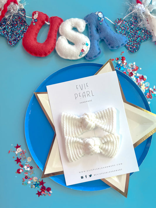 Crisp White Ribbed Knot Bow Pigtails