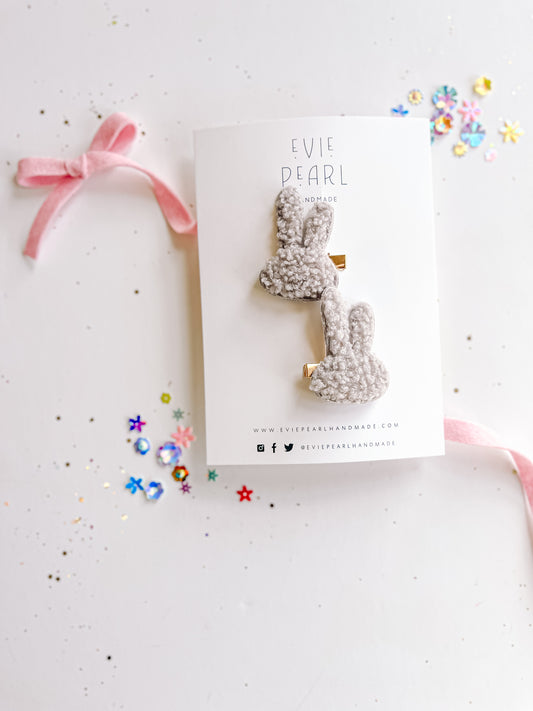 Fuzzy Gray Bunny Pigtail Clips