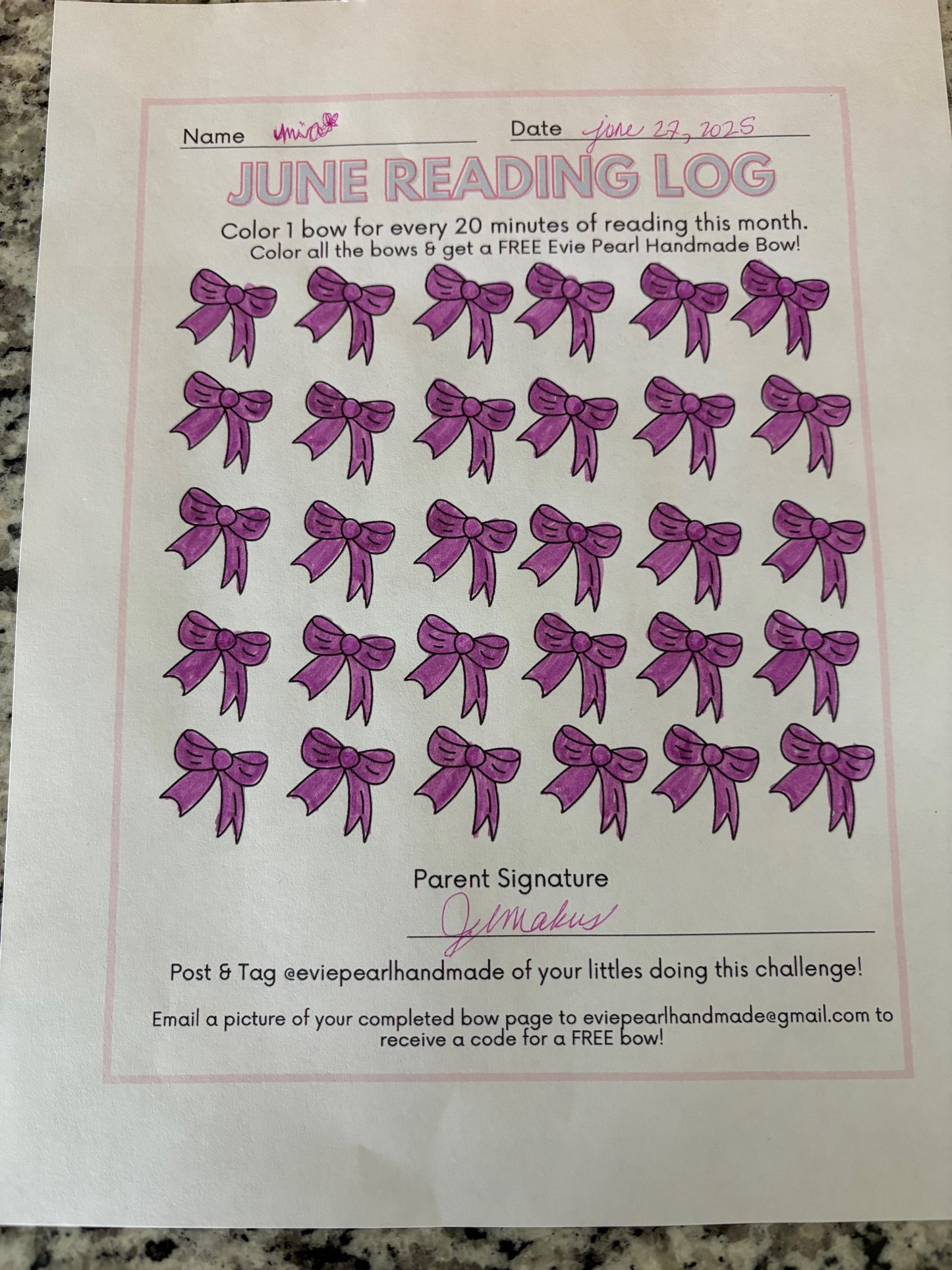 FREE BOW -June Summer Reading Log Challenge - Bow Chart Download
