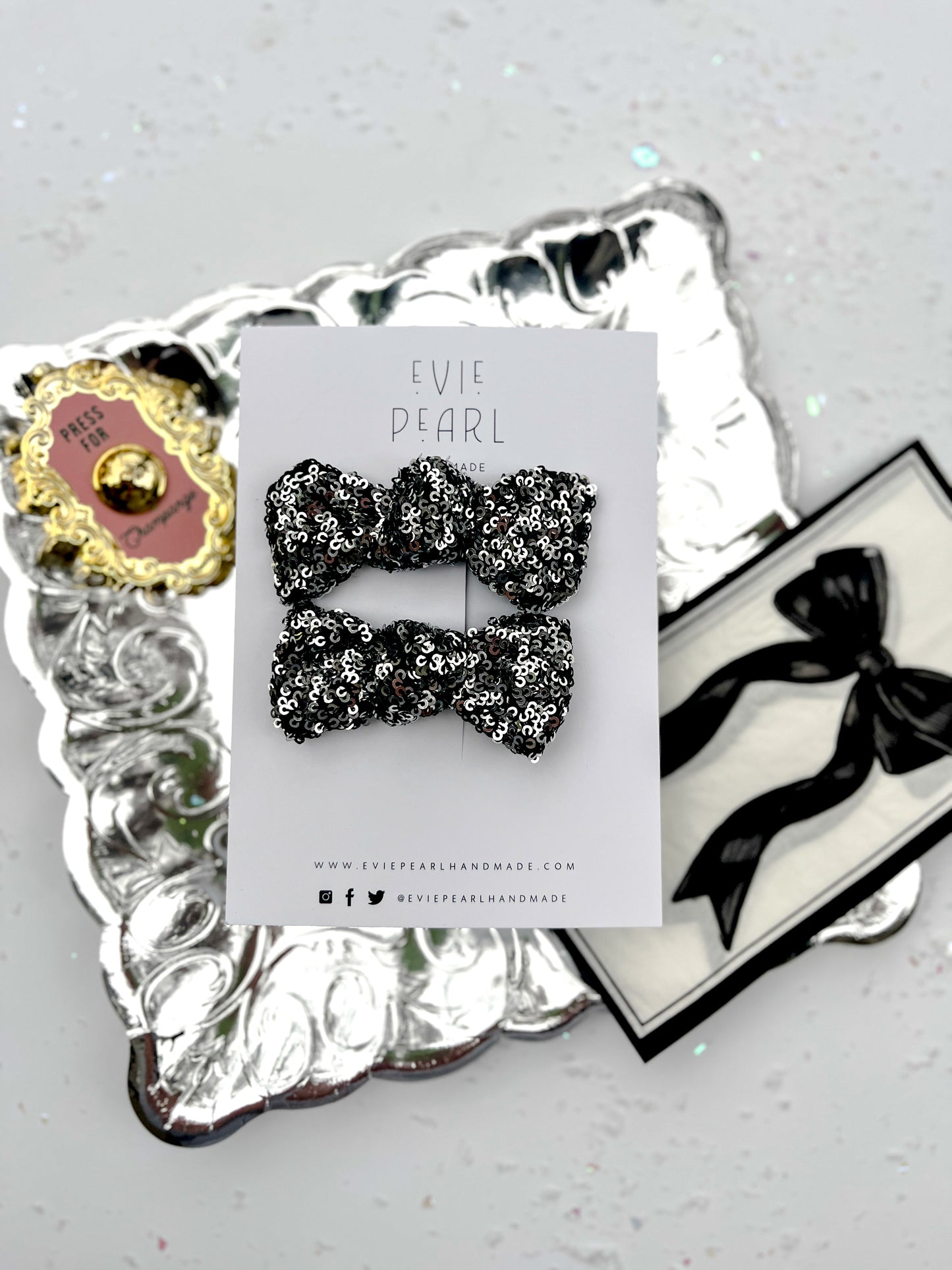 Black Silver Sequins Knot Bow Pigtail Set