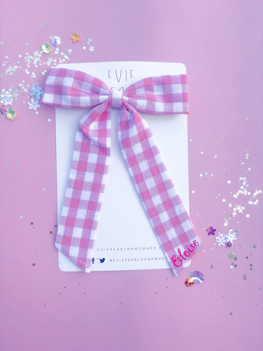 Personalized Pink Gingham Long Tailed Bow