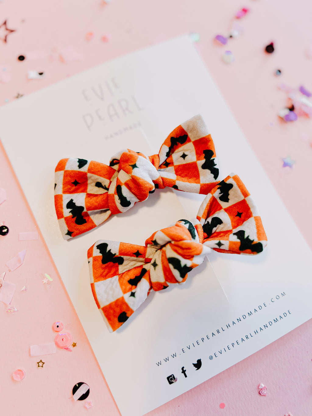 Orange Checkered Bat Bow Pigtails- Bullet Fabric