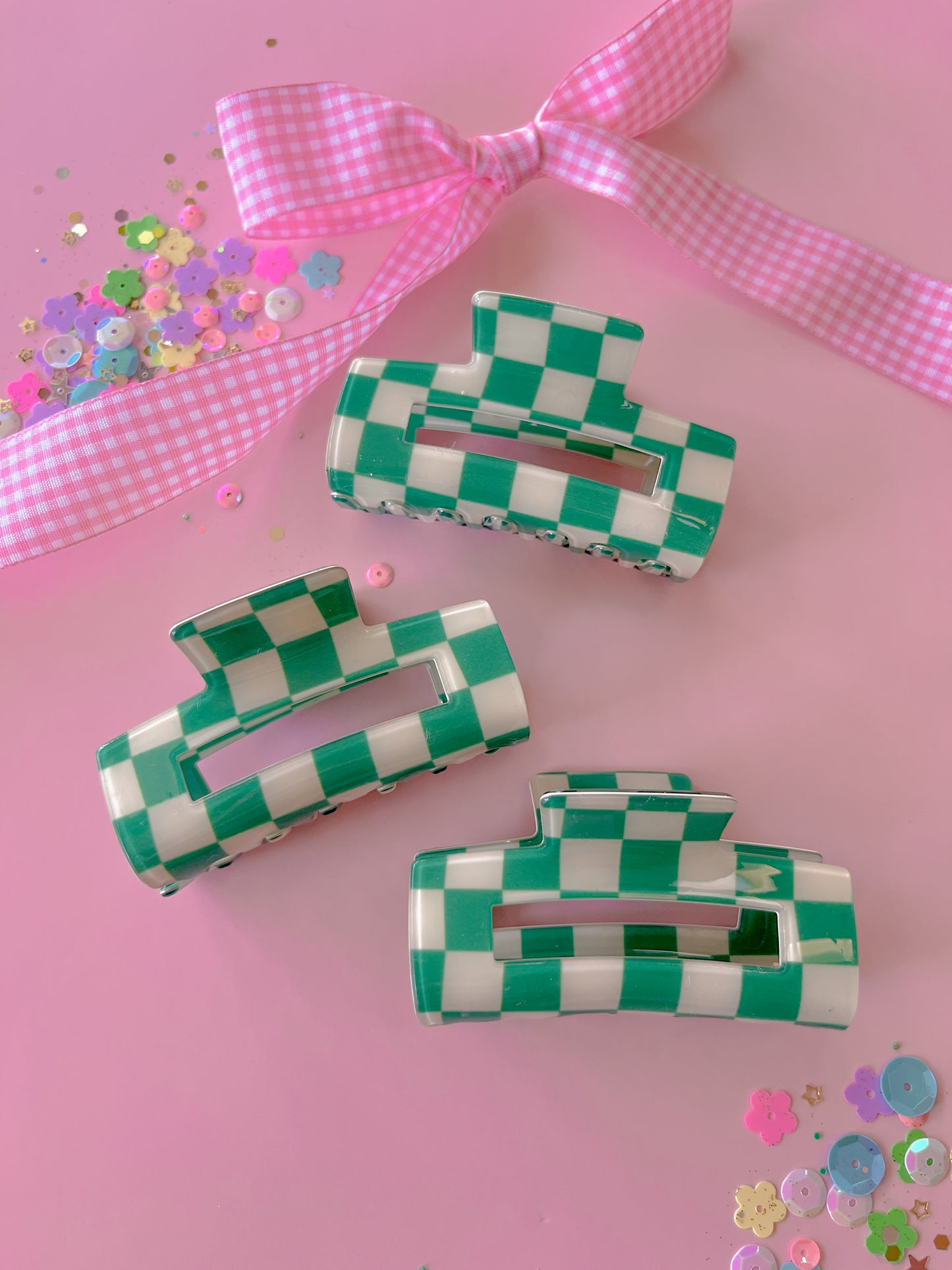 Green Checkered Medium Claw Clip