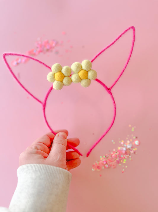 Hot Pink Bunny Headband with Sage Daisies