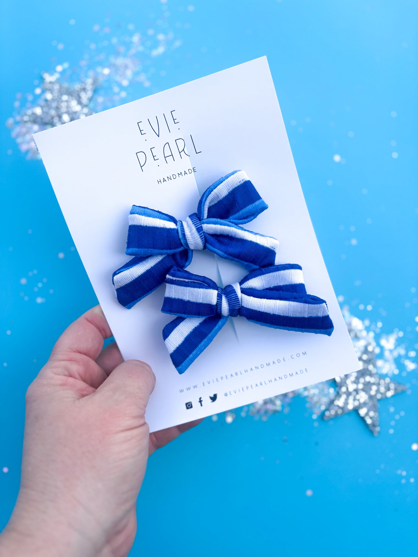 Blue White Stripe Small Pigtail Bow Set Kansas City Inspired