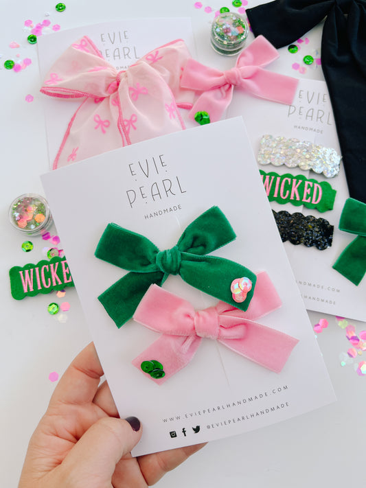 WICKED Green & Pink Sequin Sparkle Hair Bow Set