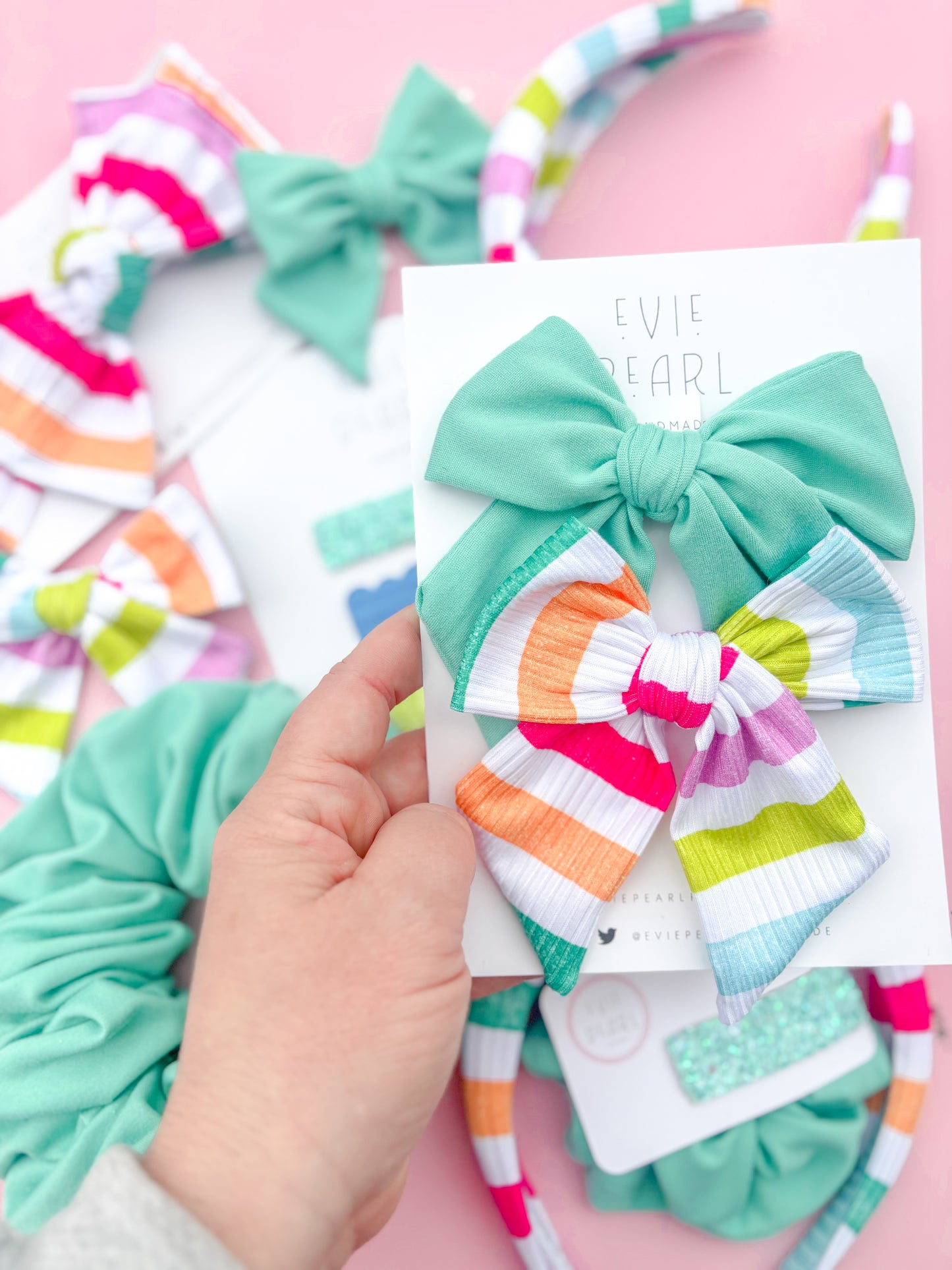 Neon Stripe & Teal Knit Bow Set