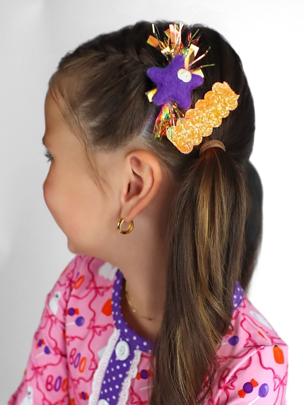 Mini May Collab- Purple Party Stars with Orange glitter snap clip set