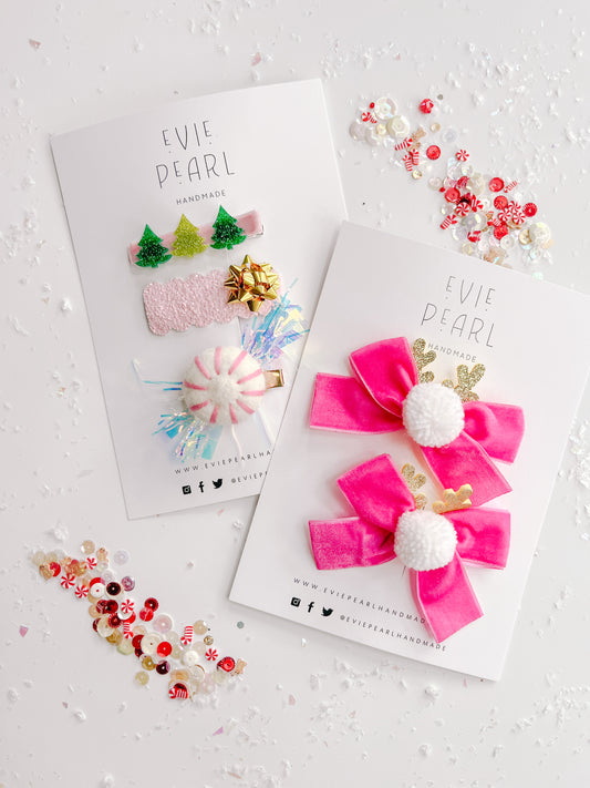 Hot Pink Reindeer White Nose Velvet Small Bow Pigtail Set