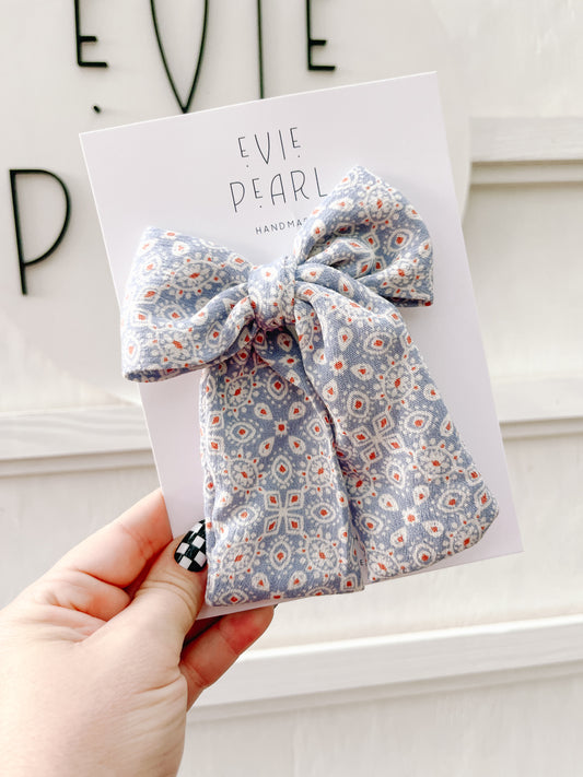 Blue Aztec Longtailed Hair Bow