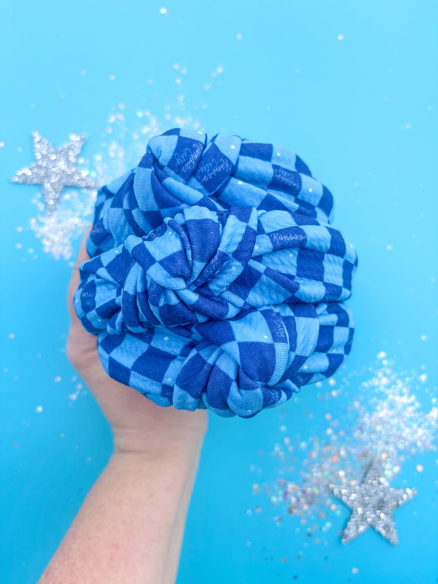 Blue Checkered Kansas City Knotted Headband for Girls & Women