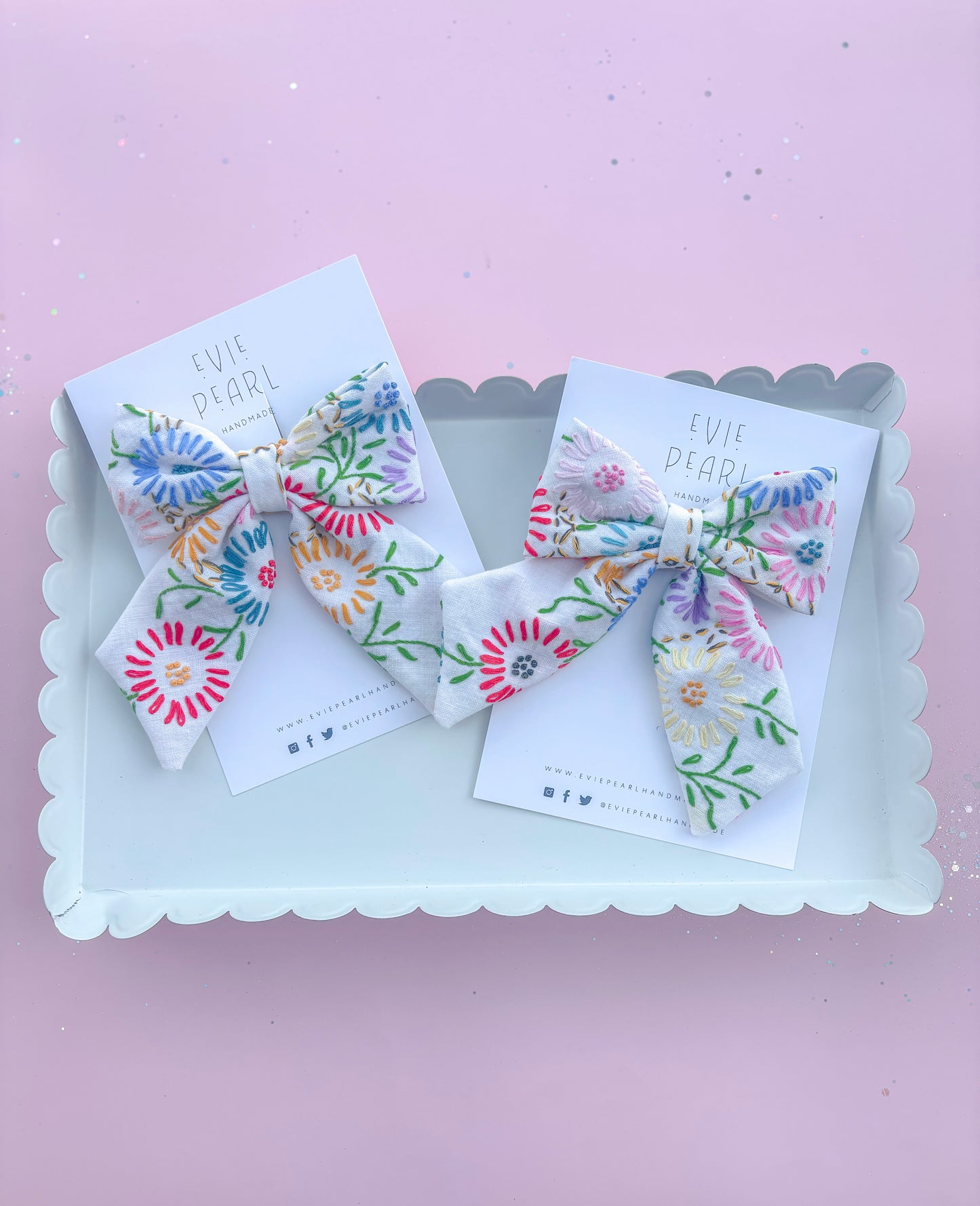 Hand Embroidered Floral Medium Sailor Hair Bow-READ DESCRIPTION