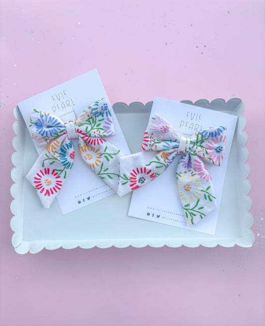 Hand Embroidered Floral Medium Sailor Hair Bow-READ DESCRIPTION