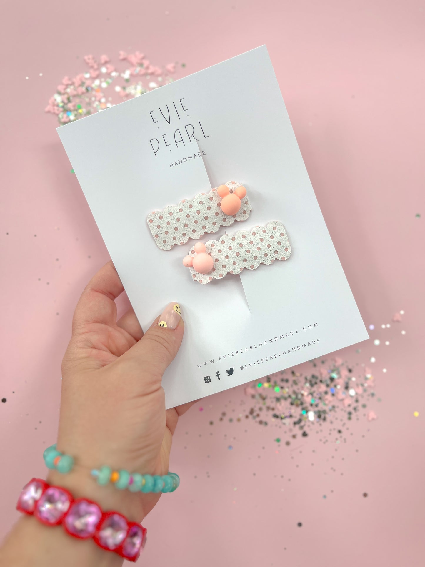 Pastel Mickey White Polka Dot Snap Clip Pigtails