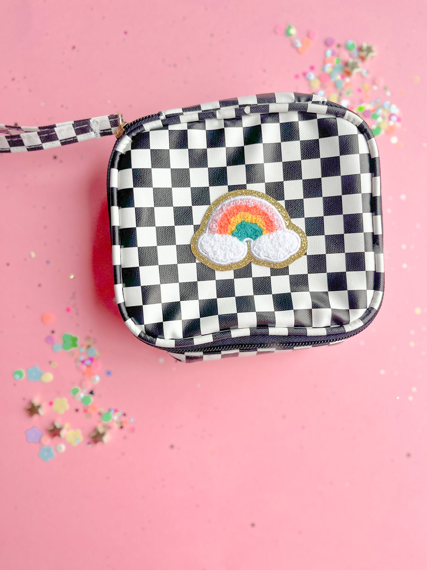 Black White Checkered Rainbow Patch Zipper Pouch