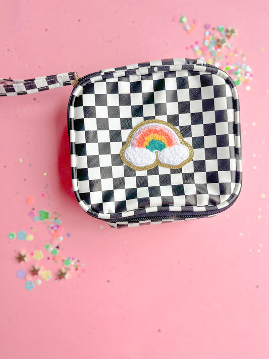 Black White Checkered Rainbow Patch Zipper Pouch