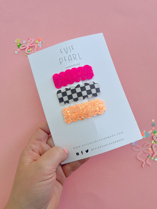 Flamingo Pink, Checkered & Orange Burst Snap Clip Set